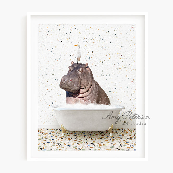 a hippo in a bathtub with a bird on top of it