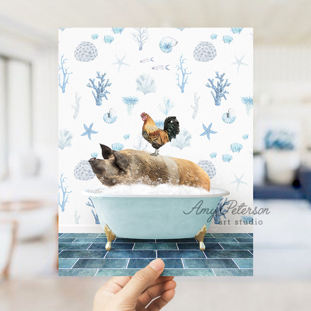 a hand holding a card with a dog in a bathtub