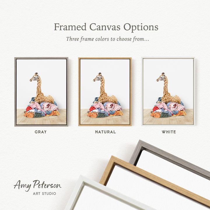 three framed canvas options, each featuring a giraffe in a different color: gray, natural, and white.