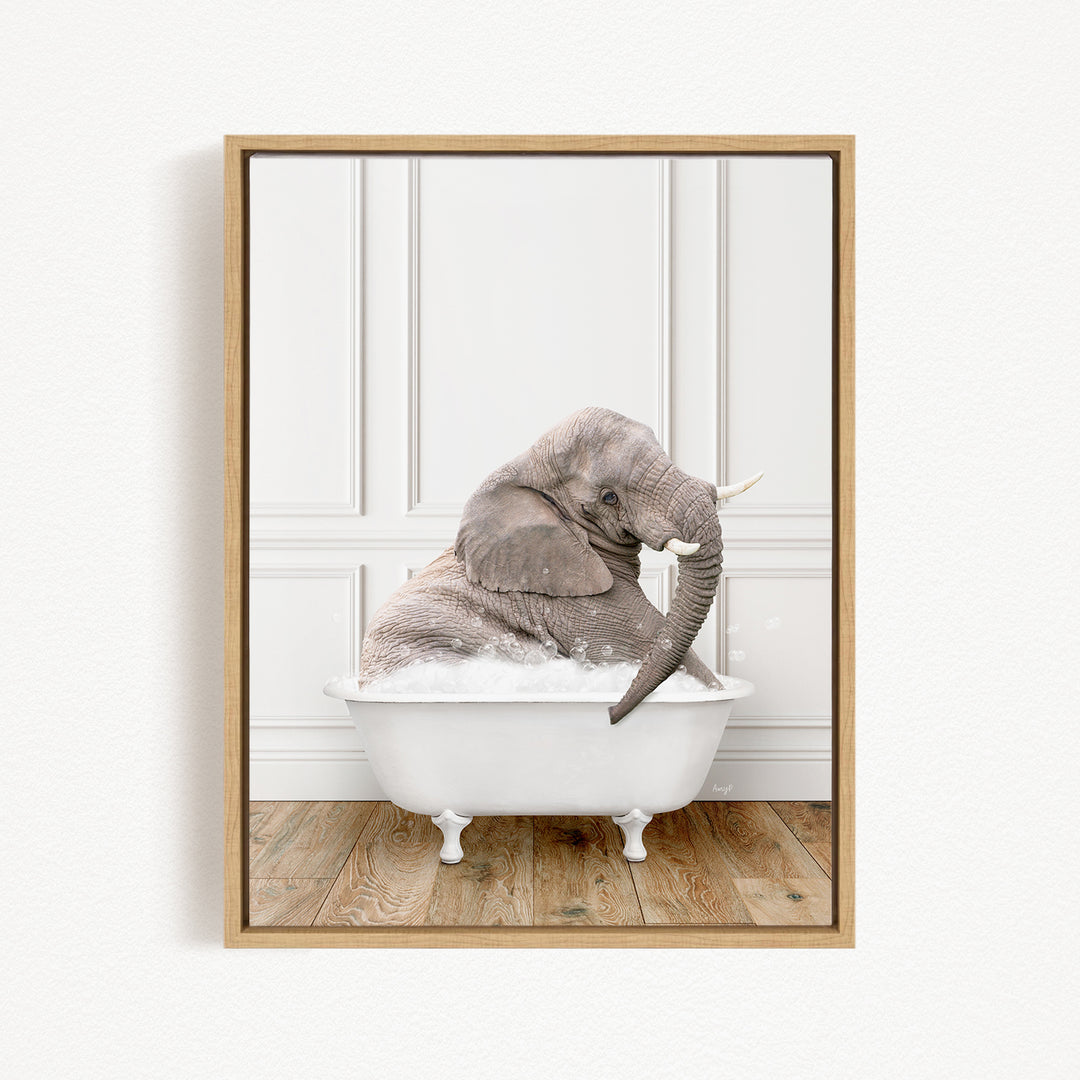 A gray elephant is sitting in a white bathtub filled with water, creating a whimsical and playful scene.