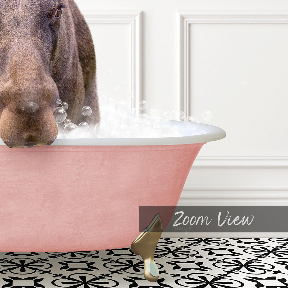 A close-up of a dog's face peeking out from a pink bathtub filled with bubbles, with a text overlay that reads "Zoom View".