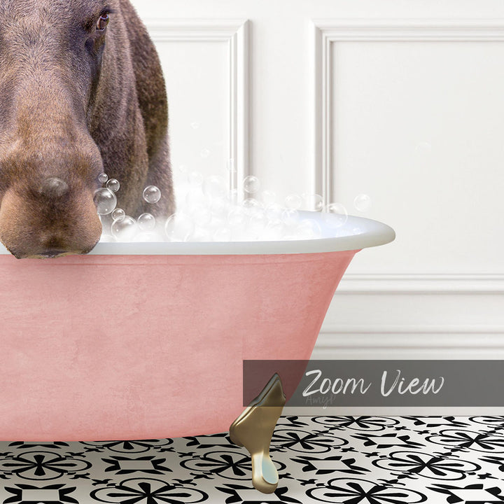 A close-up of a dog's face peeking out from a pink bathtub filled with bubbles, with a text overlay that reads "Zoom View".