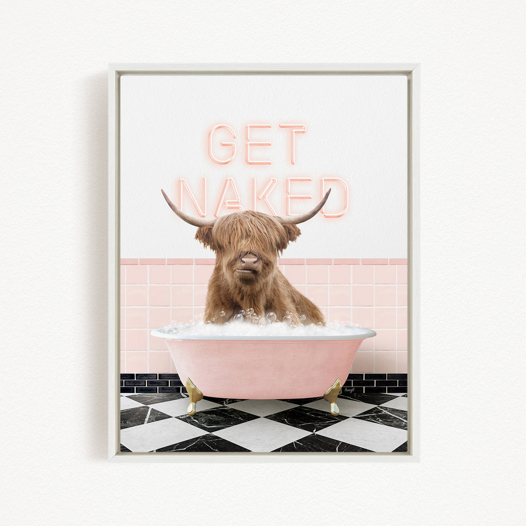 A brown cow with horns is sitting in a pink bathtub filled with bubbles, with the words "GET NAKED" written above it.