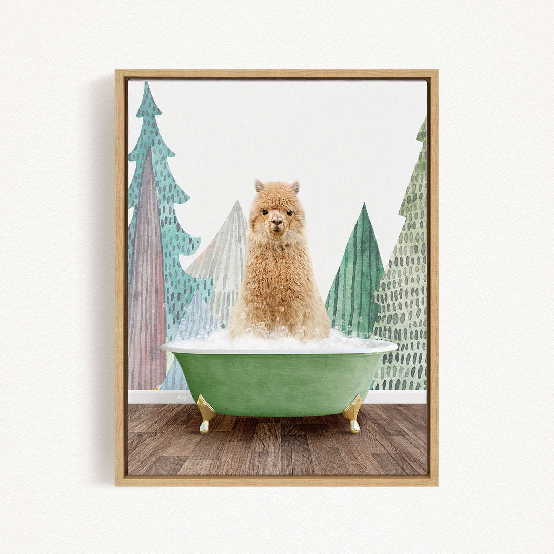 A fluffy alpaca sits in a green bathtub, surrounded by stylized trees and mountains in the background.