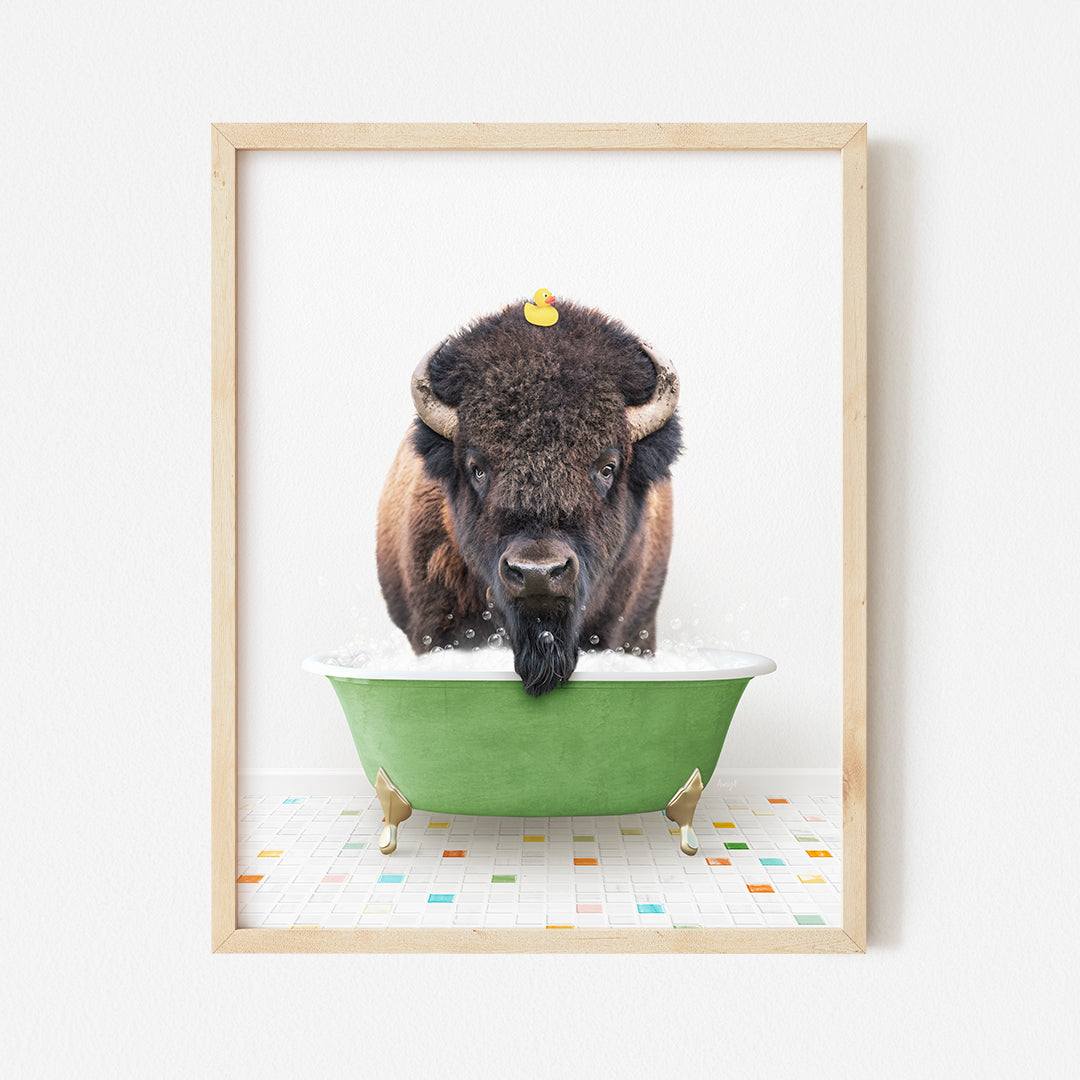 a picture of a bison taking a bath in a green bathtub