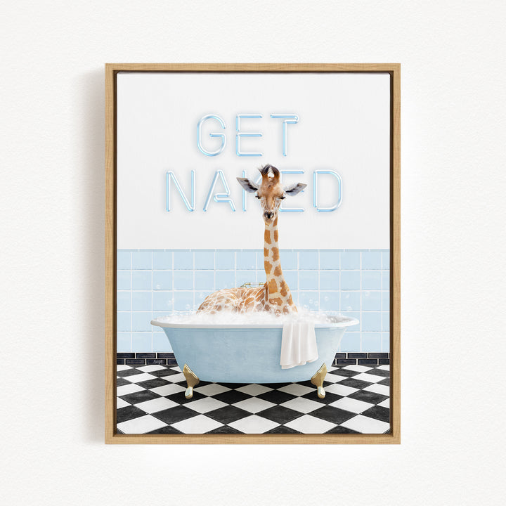 A giraffe sitting in a bathtub with the text "GET NANED" displayed above it.
