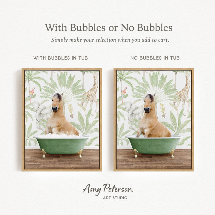 The image is a collage of two pictures, each featuring a horse in a bathtub. The first picture shows a horse sitting in a green bathtub, while the second picture depicts a horse sitting in a bathtub without any bubbles. The text above the images reads "With Bubbles or No Bubbles Simply make your selection when you add to cart."