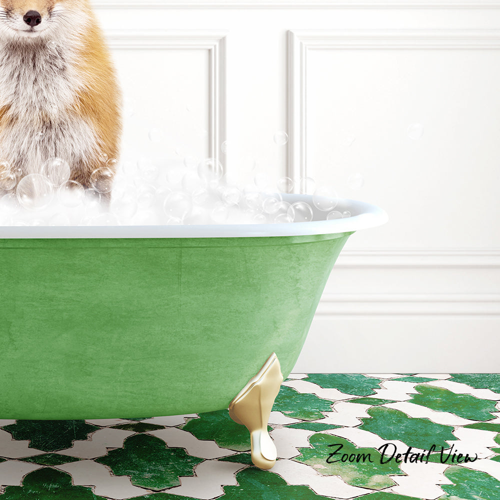A fluffy orange and white cat is standing in a green bathtub filled with bubbles, creating a whimsical and playful scene.