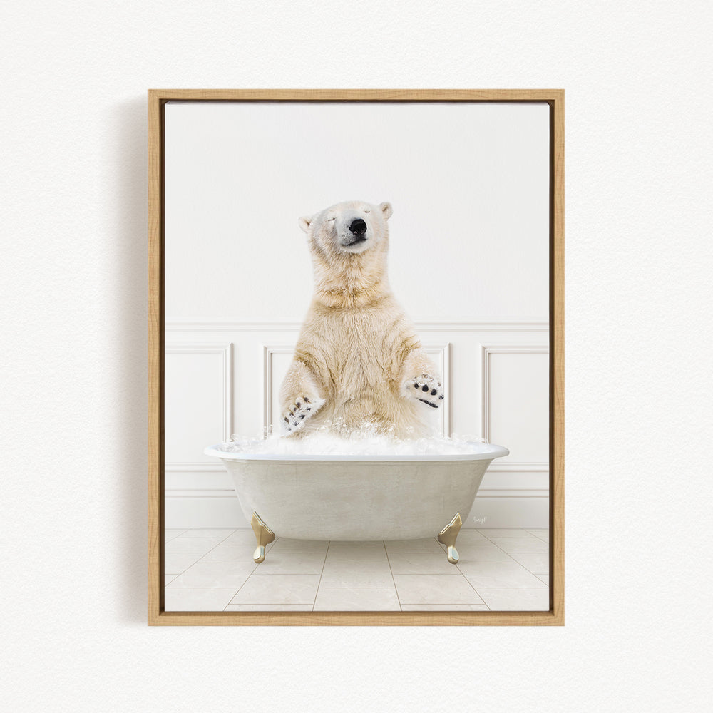 A polar bear standing in a white bathtub filled with bubbles, appearing to enjoy the bath.