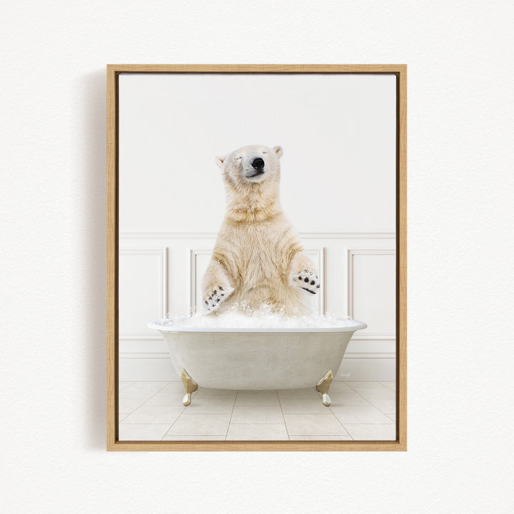 A polar bear standing in a white bathtub filled with bubbles, appearing to enjoy the bath.