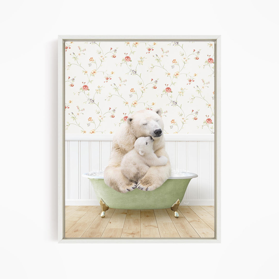 A polar bear is sitting in a green bathtub, with its head resting on another polar bear. The polar bears are surrounded by a floral patterned wall.