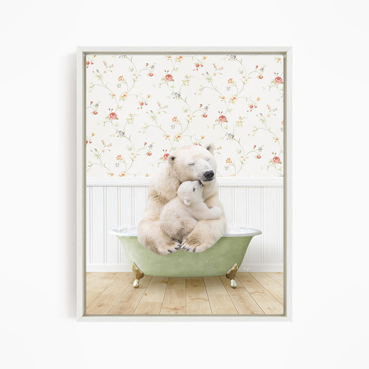 A polar bear is sitting in a green bathtub, with its head resting on another polar bear. The polar bears are surrounded by a floral patterned wall.