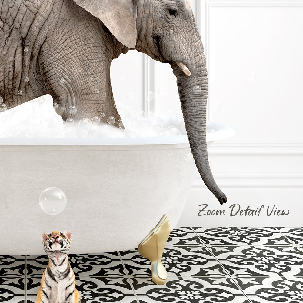 An elephant is taking a bath in a bathtub, with a tiger standing nearby and looking up at it.