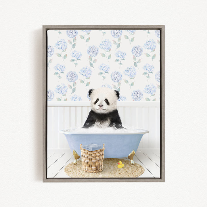 A cute panda bear sitting in a blue bathtub, surrounded by a wicker basket and a yellow rubber duck.