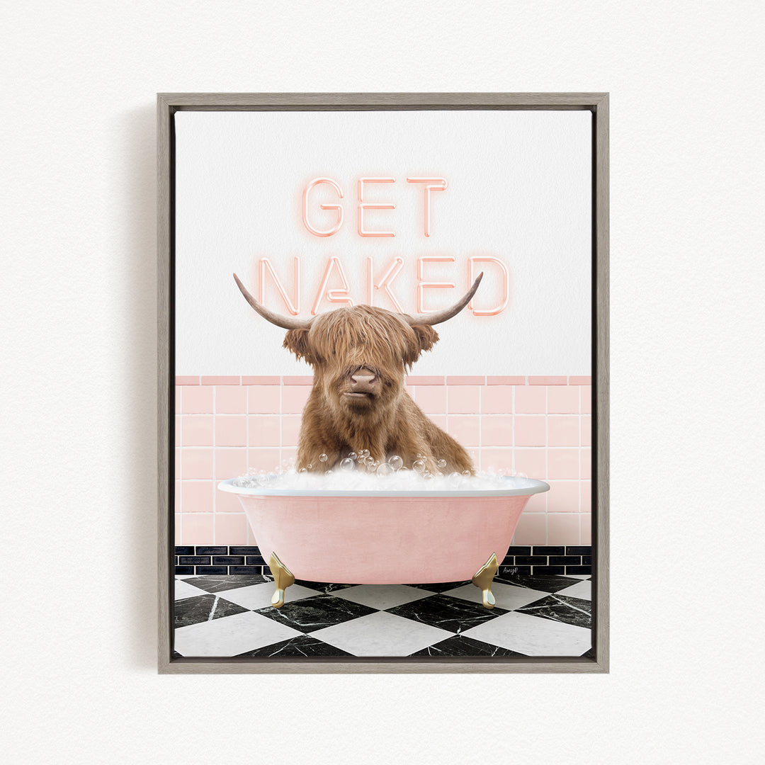 A brown cow with horns is sitting in a pink bathtub filled with bubbles, with the text "GET NAKED" displayed above it.
