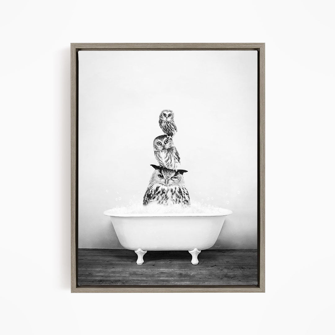 A black and white image of three owls sitting in a bathtub, with one owl perched on top of the other two.