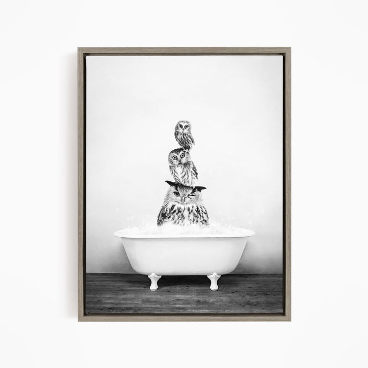 A black and white image of three owls sitting in a bathtub, with one owl perched on top of the other two.
