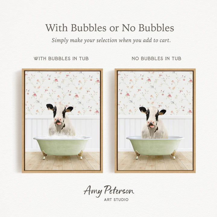 The image is a collage of two pictures featuring a cow sitting in a bathtub. The cow is depicted in both a tub with bubbles and a tub without bubbles, allowing viewers to choose which version they prefer.