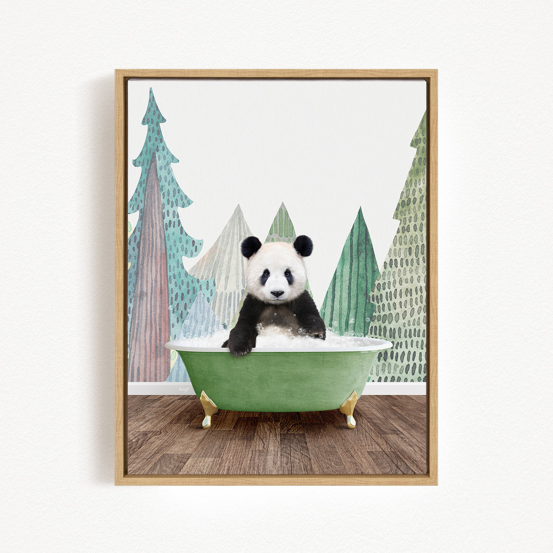 A panda bear sitting in a green bathtub, surrounded by a forest scene with trees and a snowy landscape.