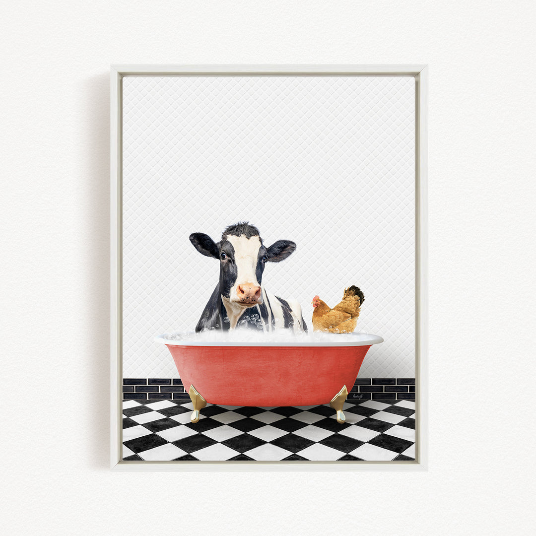 A black and white cow is sitting in a red bathtub, with a chicken standing nearby, on a black and white checkered floor.