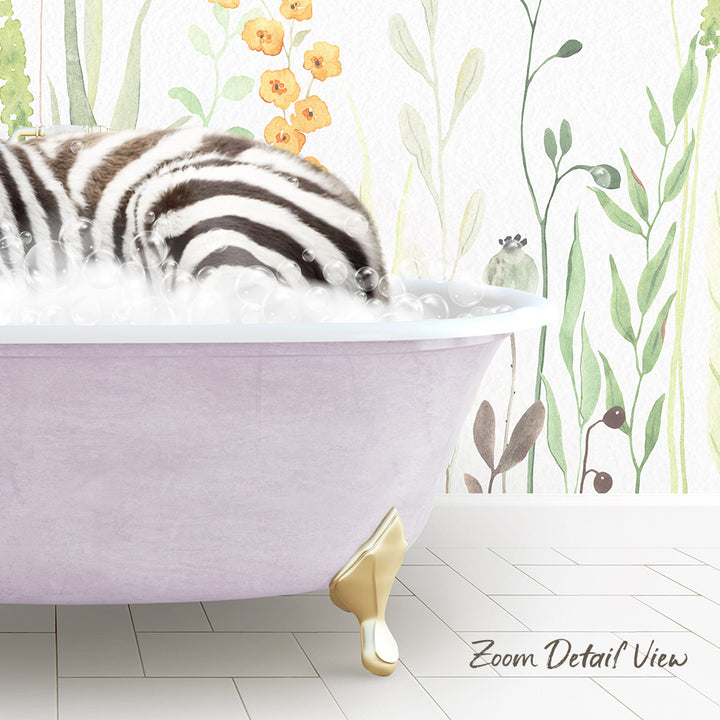 A zebra lying in a pink bathtub filled with bubbles, surrounded by a floral wallpaper.