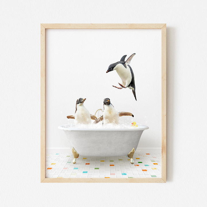 a group of penguins in a bathtub with bubbles