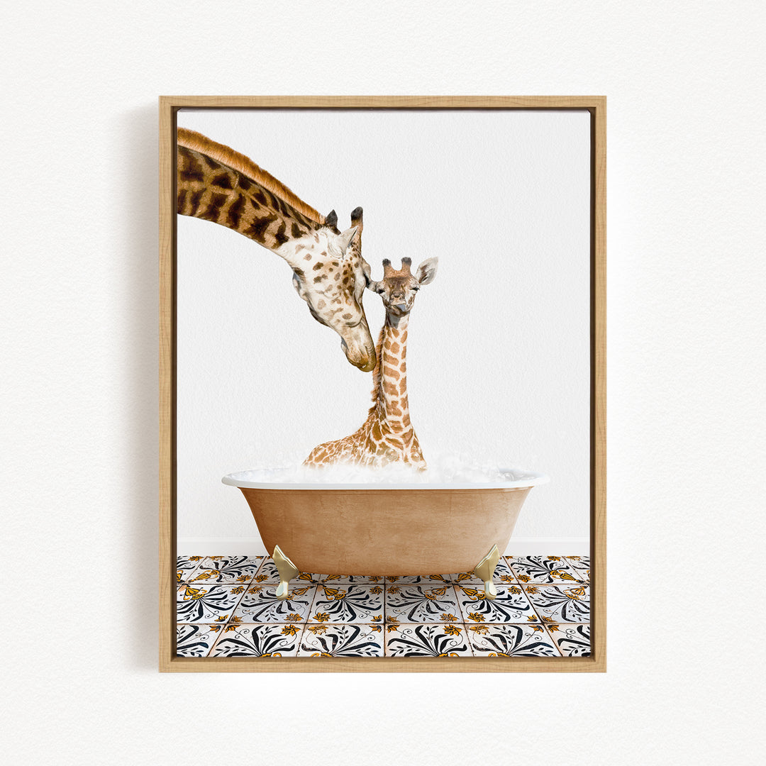 A mother giraffe and her baby giraffe are enjoying a bath together in a brown bathtub, with the mother gently nuzzling her baby.