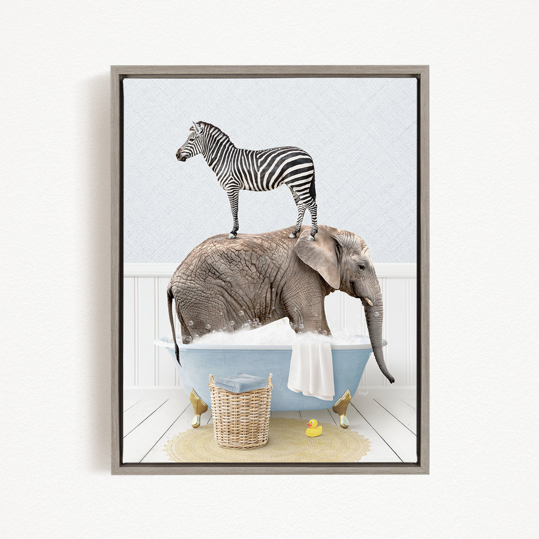A zebra standing on the back of an elephant, both in a bathtub, with a yellow rubber duck nearby.
