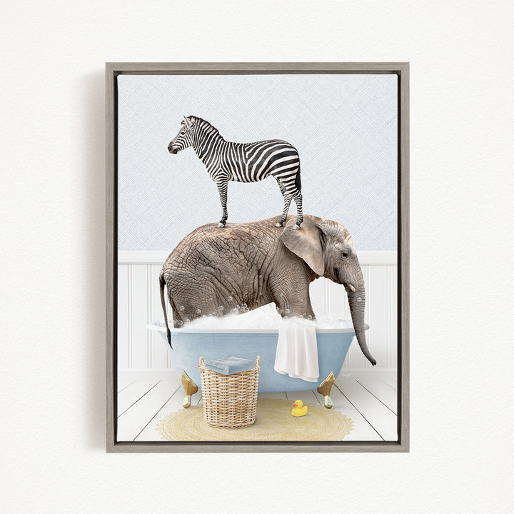 A zebra standing on the back of an elephant, both in a bathtub, with a yellow rubber duck nearby.