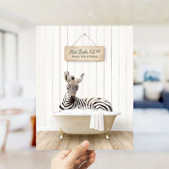 A zebra lying in a bathtub, with a sign above it that says "Hot Bath $2.00 WASH YER STRIPES".