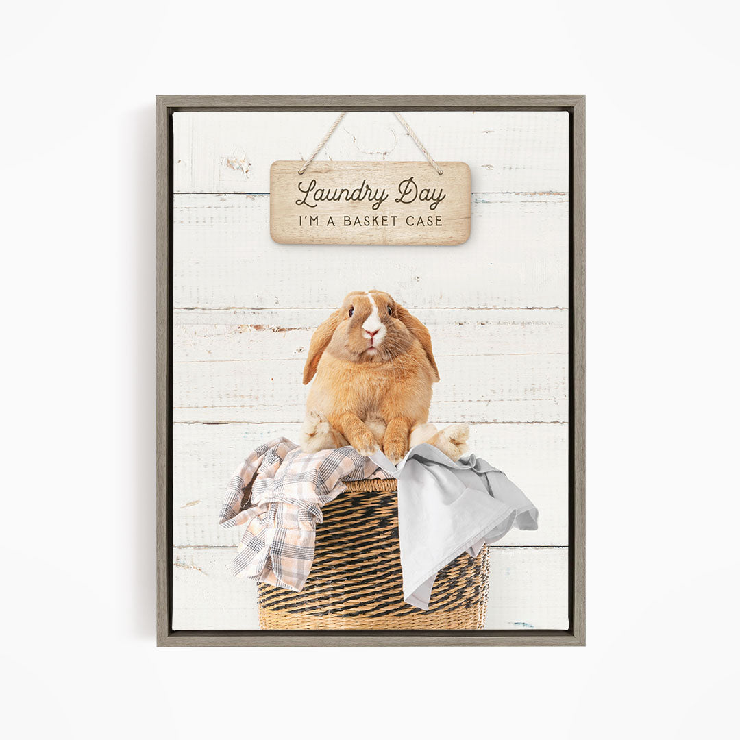 A wooden sign with the text "Laundry Day I'm a Basket Case" hangs above a basket containing clothes and a small rabbit.