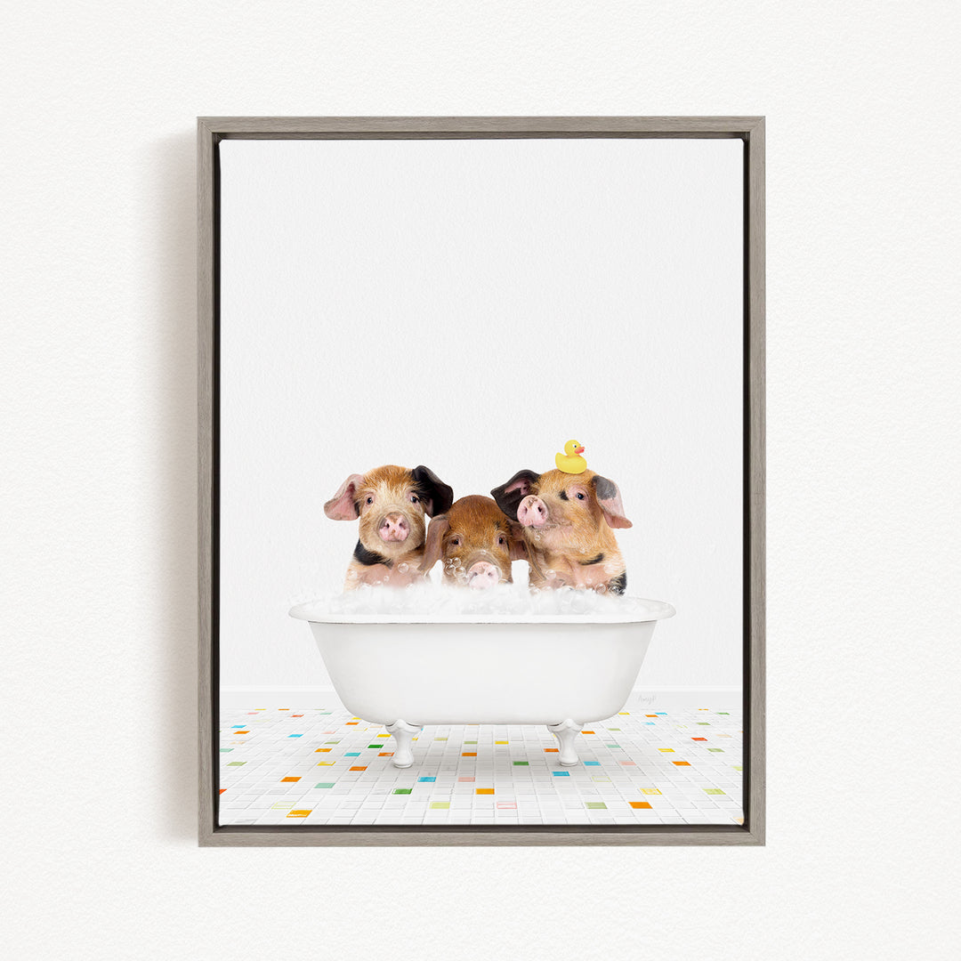 Three adorable pigs sitting in a white bathtub, each with a rubber duck on their heads, creating a playful and whimsical scene.