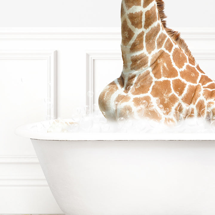 a giraffe sticking its head out of a bathtub