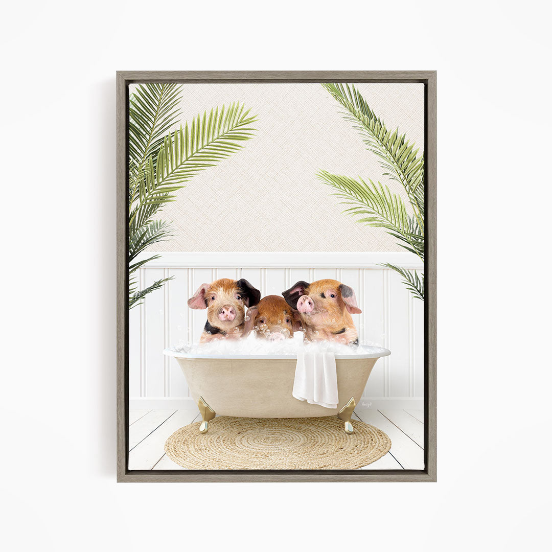 Three adorable pigs sitting in a white bathtub, surrounded by green palm leaves, creating a whimsical and playful scene.