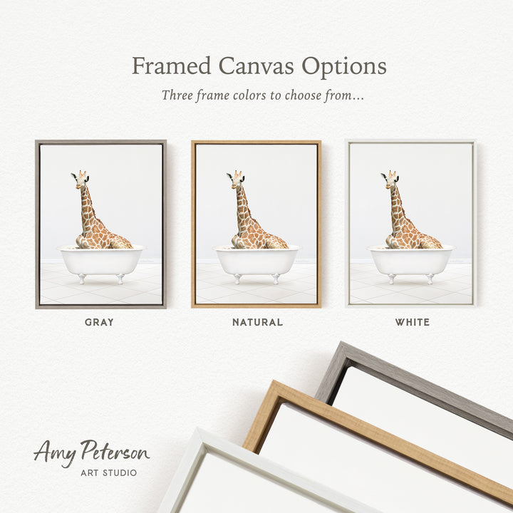 three framed canvas options, each featuring a giraffe sitting in a bathtub. The options include a gray frame, a natural frame, and a white frame.