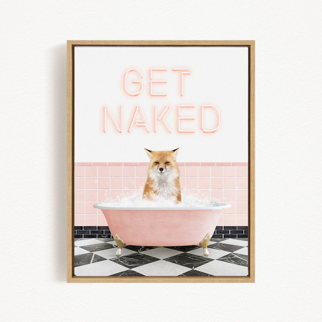 A framed image depicting a cat sitting in a pink bathtub filled with bubbles, with the text "GET NAKED" displayed above it.
