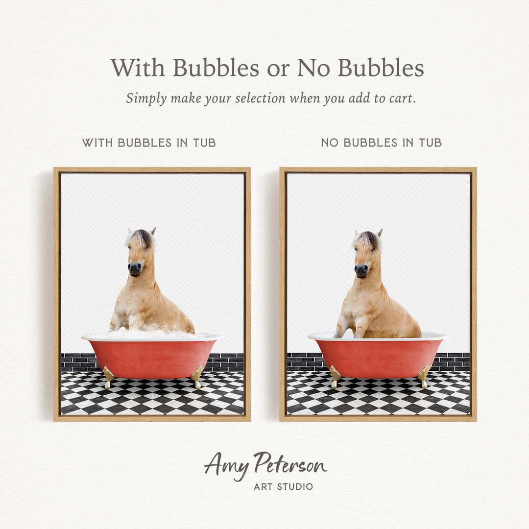 The image is a collage of two pictures, each featuring a horse sitting in a bathtub. The first picture has bubbles in the tub, while the second picture does not have bubbles. The text above the images reads "With Bubbles or No Bubbles Simply make your selection when you add to cart."