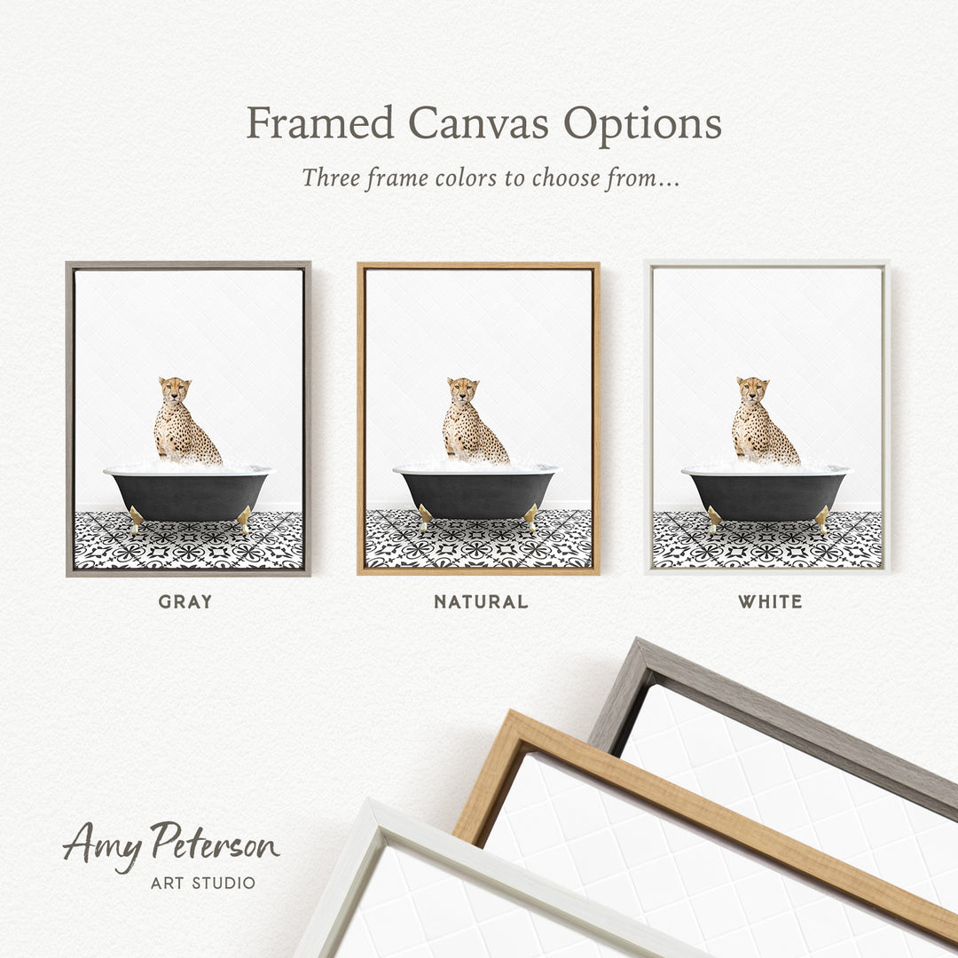 three framed canvas options, each featuring a cheetah sitting in a bathtub. The options include a gray frame, a natural frame, and a white frame.