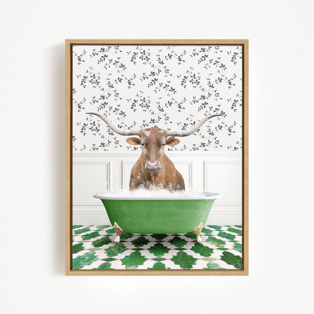 A brown cow with large horns is sitting in a green bathtub filled with water, surrounded by a patterned wall and green and white tiles on the floor.