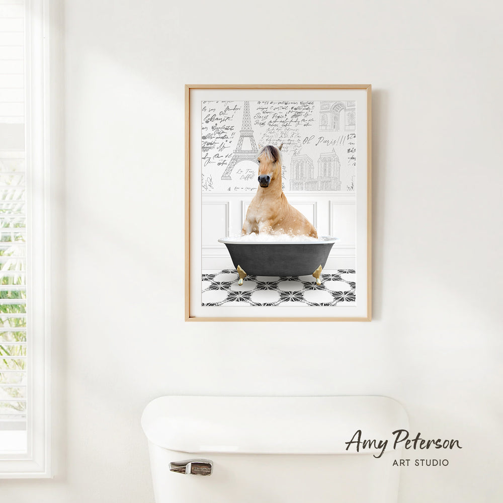 A framed image of a dog sitting in a bathtub, surrounded by architectural drawings and text.