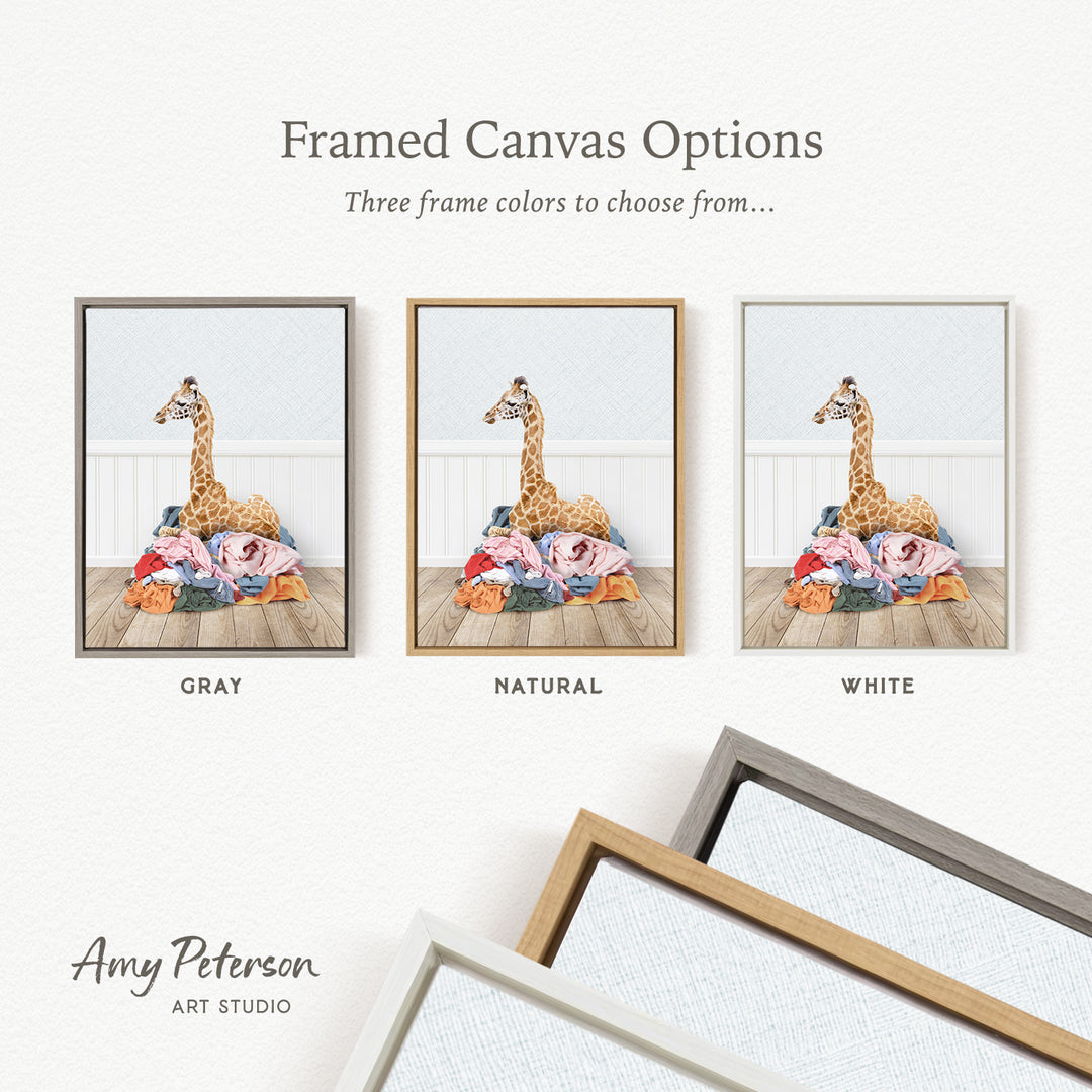 three framed canvas options, each featuring a giraffe in a different color: gray, natural, and white.