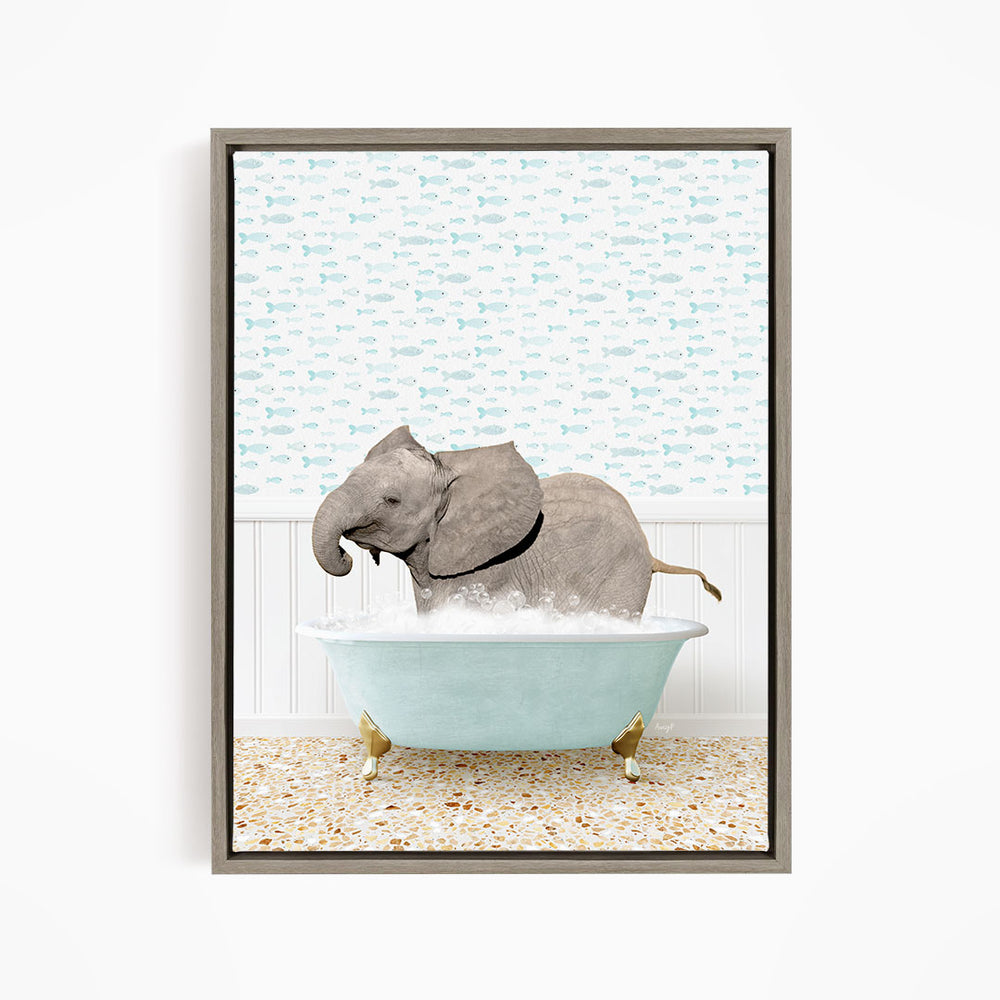 A gray elephant is standing in a blue bathtub filled with water, surrounded by a pattern of small fish.