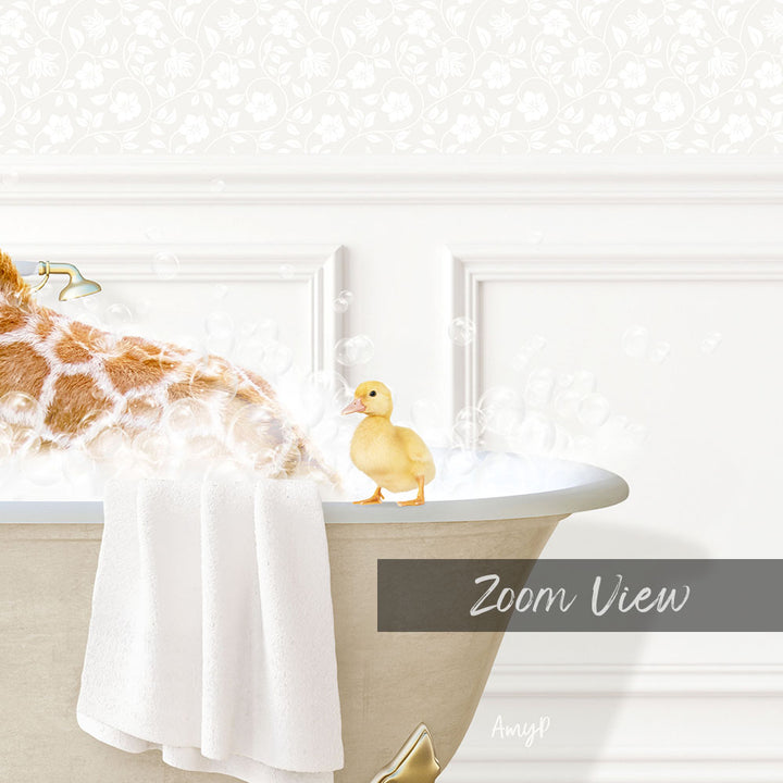 A giraffe is taking a bath in a bathtub, with a small yellow duck standing on the edge of the tub.