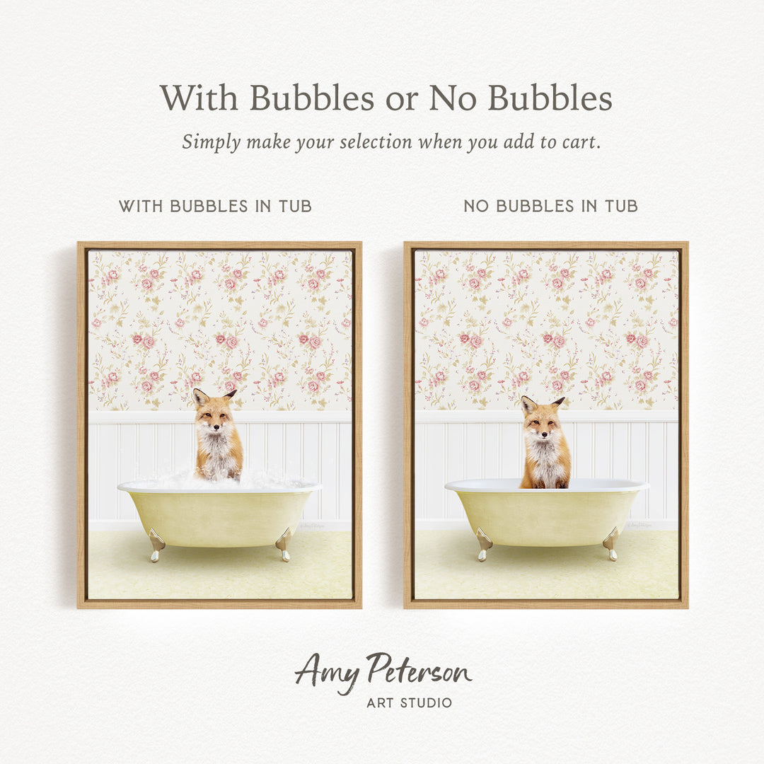The image is a collage of two framed pictures, each featuring a cat sitting in a bathtub. The cat appears to be a fox, and the bathtub is white. The text above the images reads "With Bubbles or No Bubbles" and below the images, it says "Simply make your selection when you add to cart."