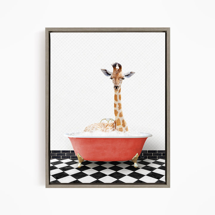 A giraffe is sitting in a red bathtub filled with bubbles, surrounded by a black and white checkered floor.