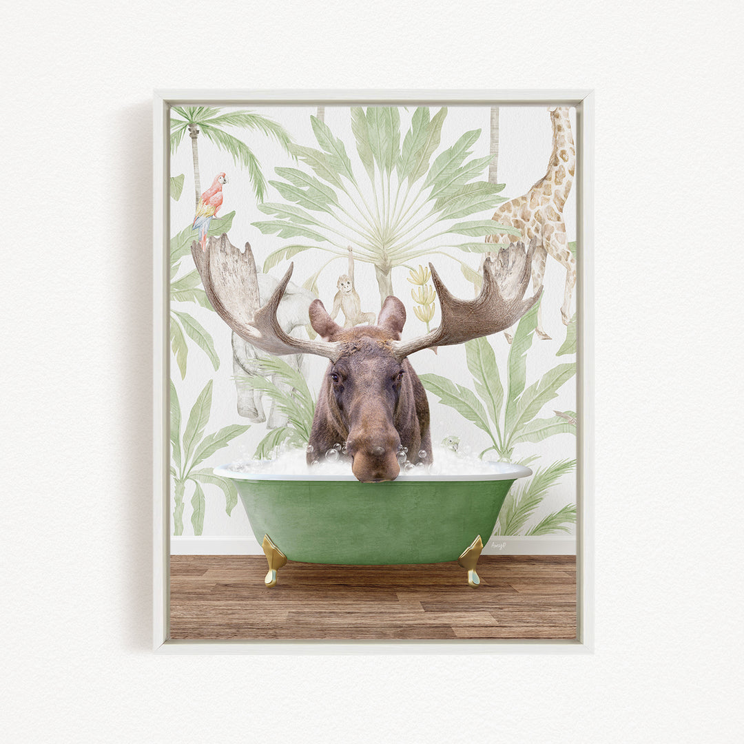 A moose is sitting in a green bathtub, surrounded by tropical foliage and animals, creating a whimsical and playful scene.