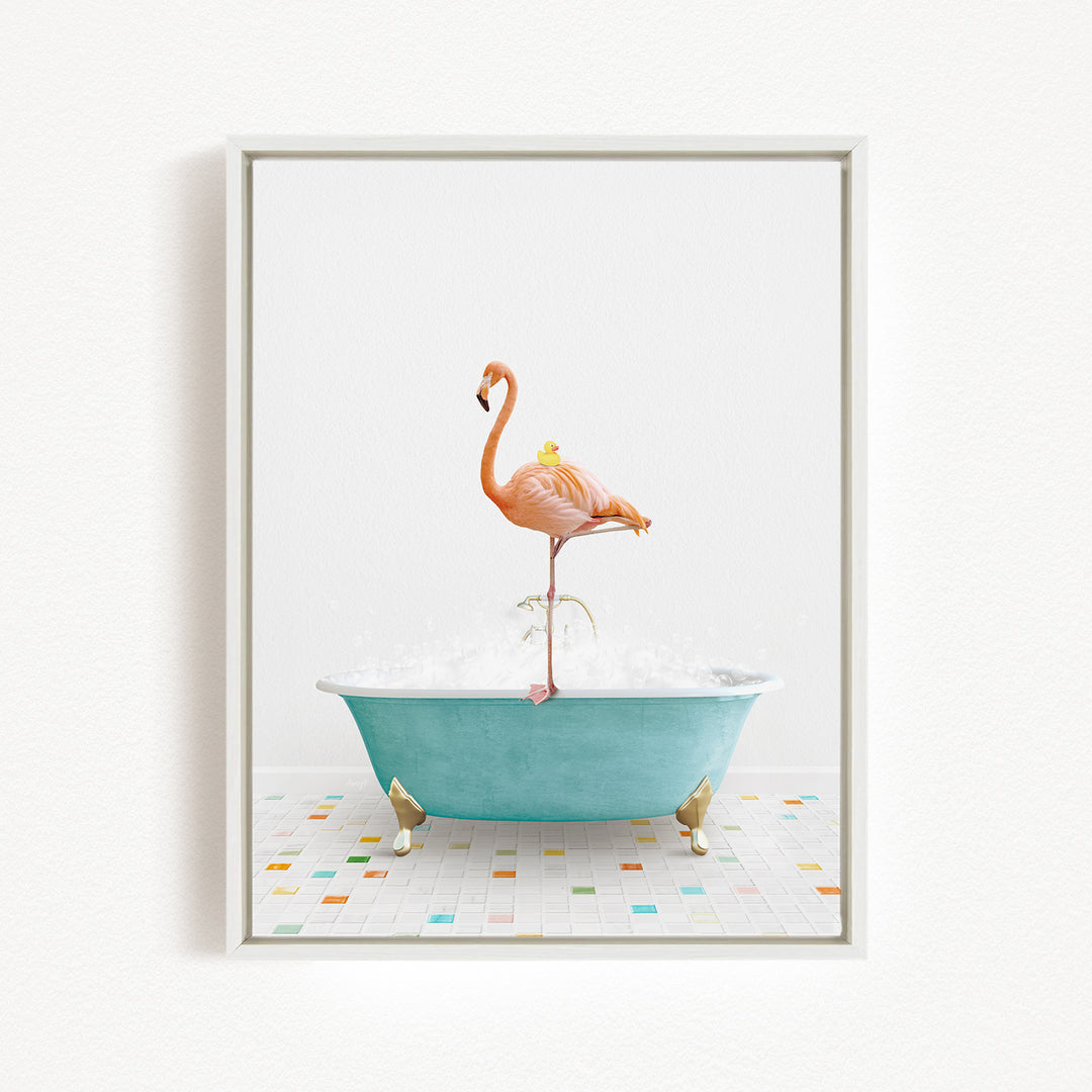 A pink flamingo stands on a blue bathtub filled with water, with a yellow duck perched on its back.