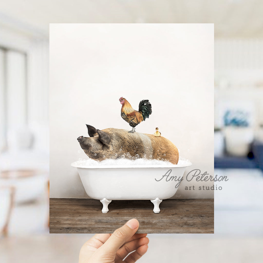 a person holding up a card with a picture of a dog in a bathtub