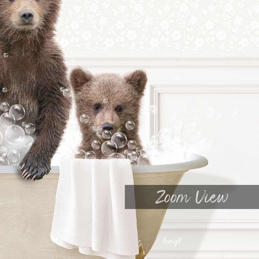 A brown bear and a baby bear sitting in a bathtub filled with bubbles, with the word "Zoom View" written below the image.