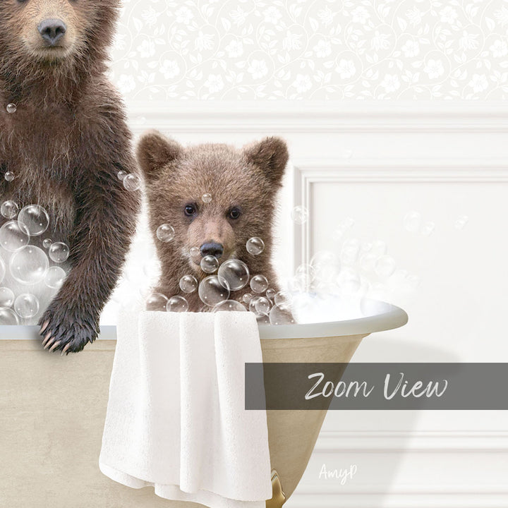 A brown bear and a baby bear sitting in a bathtub filled with bubbles, with the word "Zoom View" written below the image.